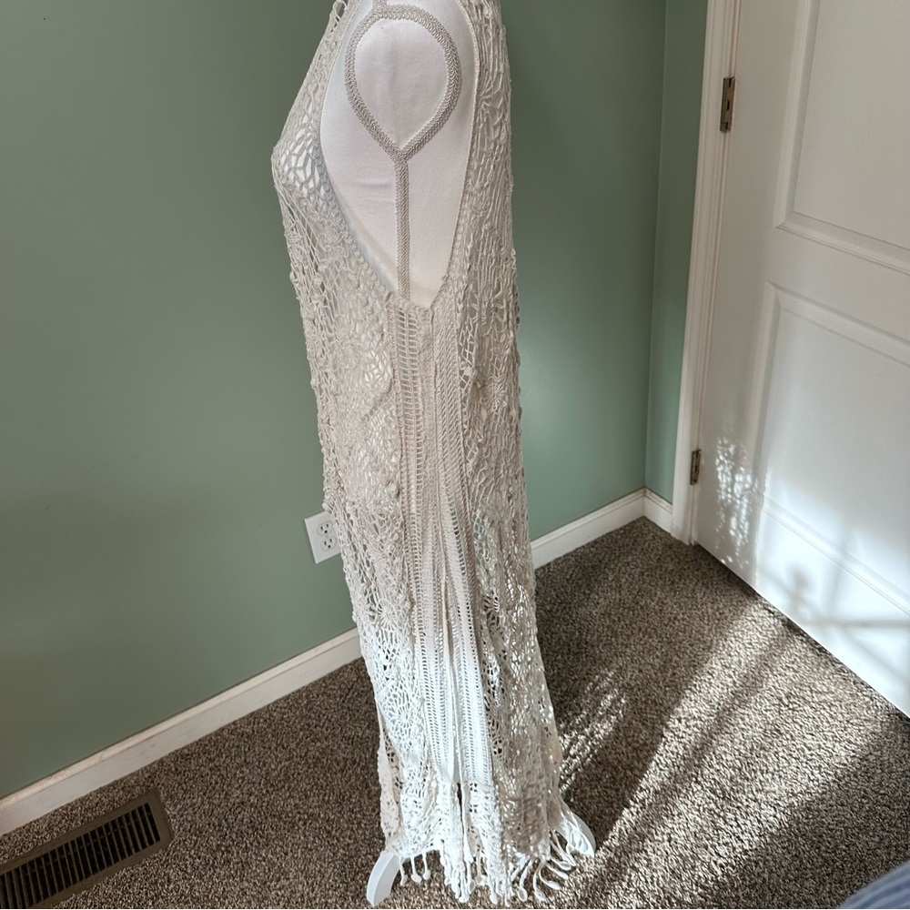 Boho Crochet Lace Long Duster Vest | Ivory Fringed Sleeveless Cardigan O/S - Picture 3 of 4